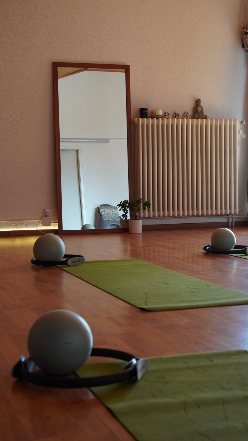 La sala del LOFT con tappetini, palline e anelli Pilates sul pavimento in legno